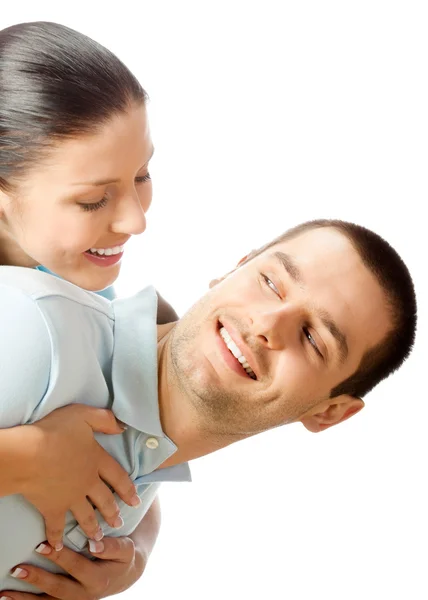 Retrato de joven feliz sonriente atractiva pareja, aislado en w —  Fotos de Stock