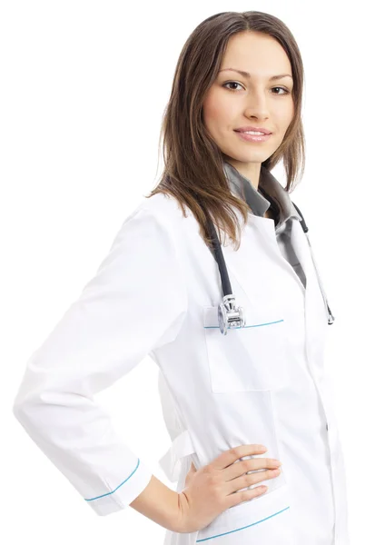 Счастливая улыбающаяся женщина-доктор, над белым — стоковое фото