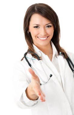 médico dándole la mano para el apretón de manos, sobre blanco