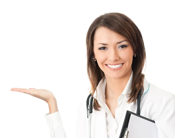 Happy smiling doctor showing, isolated — Stock Photo, Image