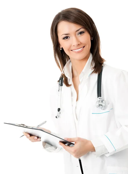 Cheerful female doctor, on white Royalty Free Stock Photos