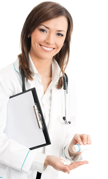 Cheerful doctor showing medical drug, over white Royalty Free Stock Images