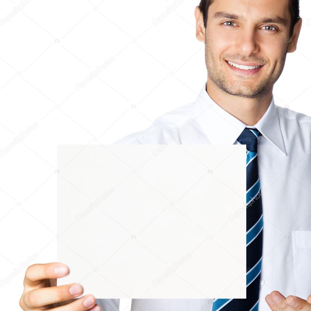 Happy businessman showing signboard, isolated