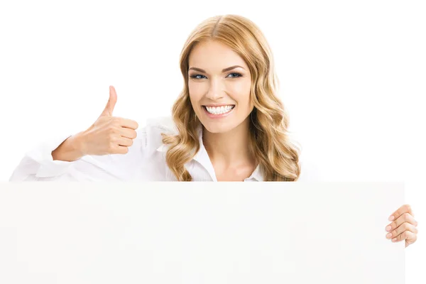 Businesswoman showing blank signboard, isolated — Stock Photo, Image