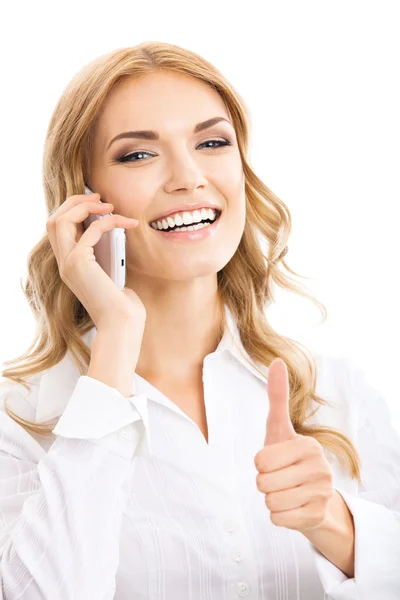 Businesswoman with cellphone, showing thumbs up — Stock Photo, Image