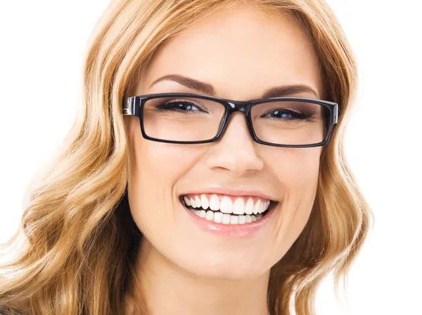 Mujer sonriente alegre en gafas, aislada —  Fotos de Stock