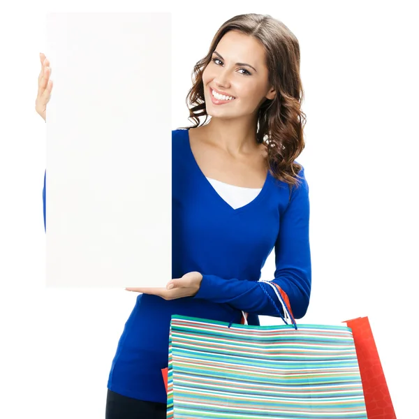 Mujer con bolsas y letrero, aislada — Foto de Stock