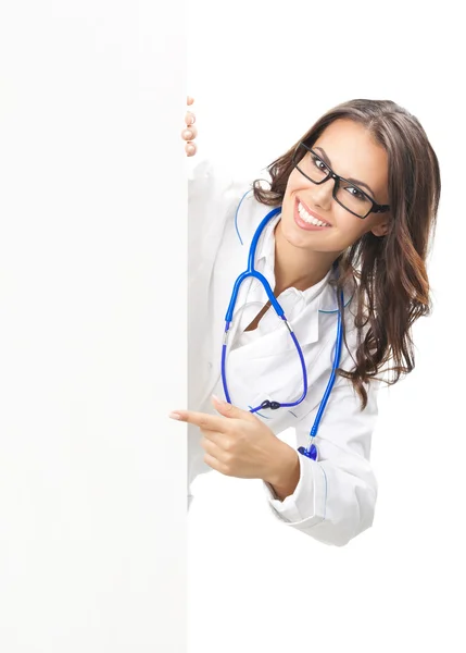 Doctor showing blank signboard, isolated — Stock Photo, Image