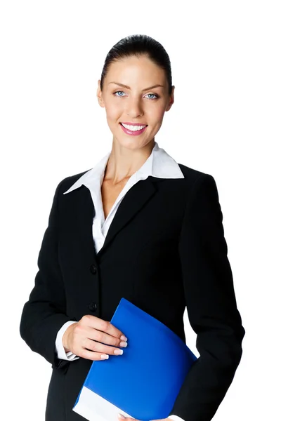 Retrato de mujer de negocios sonriente con carpeta azul, aislado — Foto de Stock