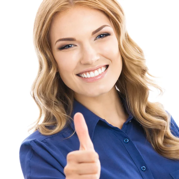 Woman with thumbs up gesture, over white — Stock Photo, Image