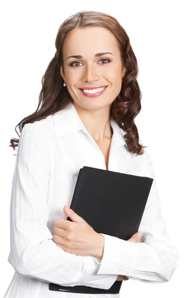 Mujer de negocios sonriente con carpeta negra, en blanco —  Fotos de Stock