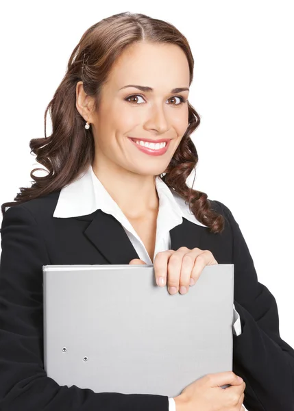 Businesswoman with grey folder, isolated Royalty Free Stock Images