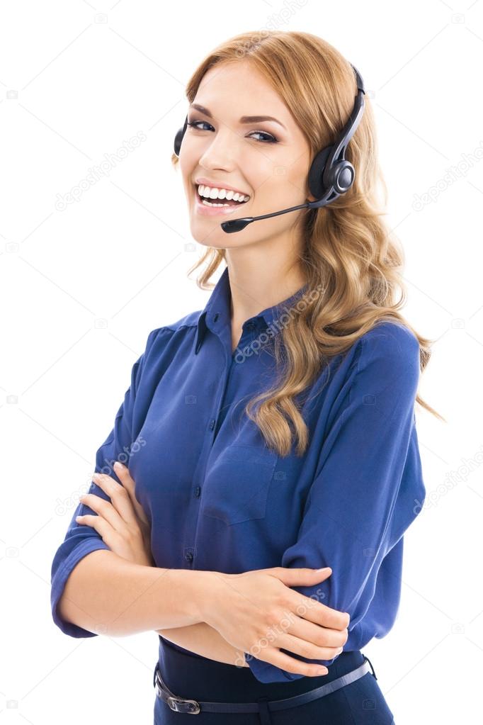 Support phone operator in headset, isolated