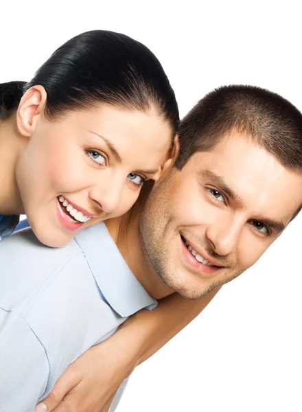 Retrato de jovem feliz sorrindo casal atraente, isolado em w — Fotografia de Stock