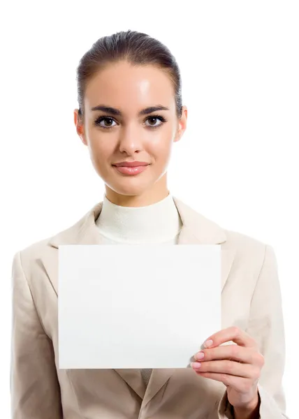 Businesswoman showing blank signboard, on white — Stock Photo, Image