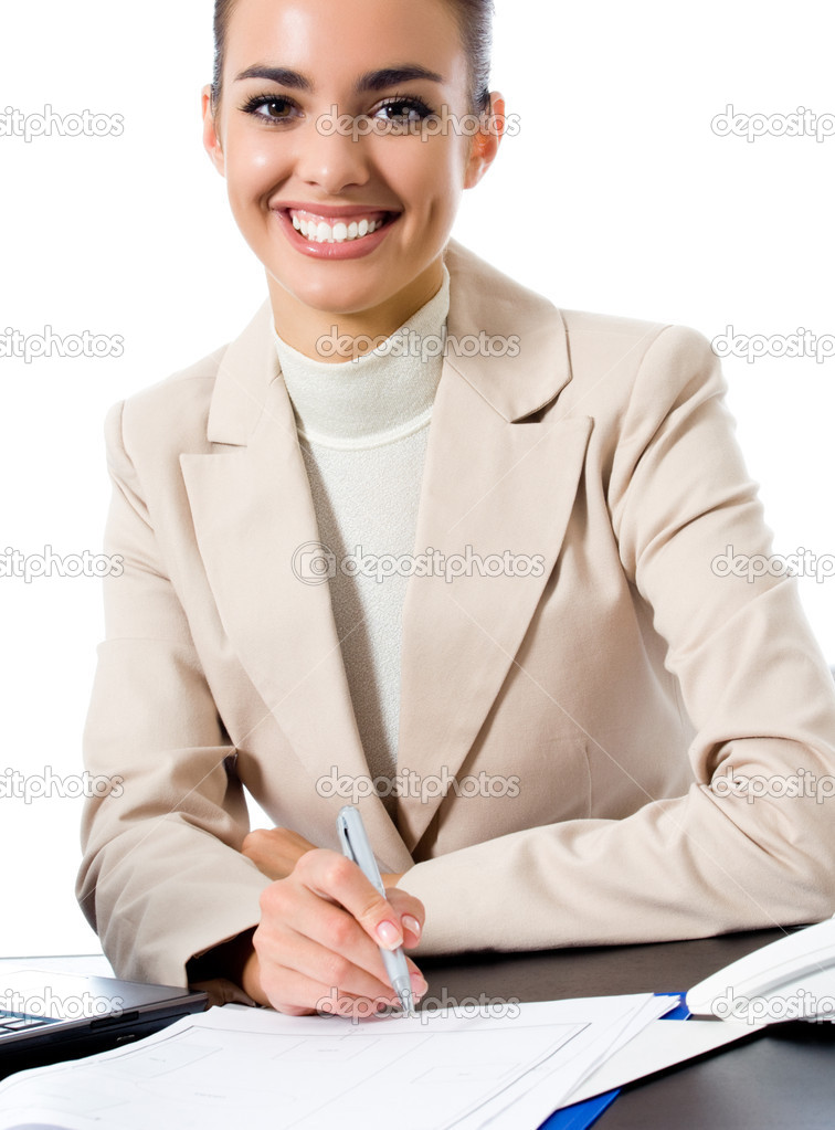 Happy smiling business woman, over white