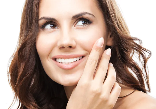 Woman touching skin or applying cream, isolated — Stock Photo, Image