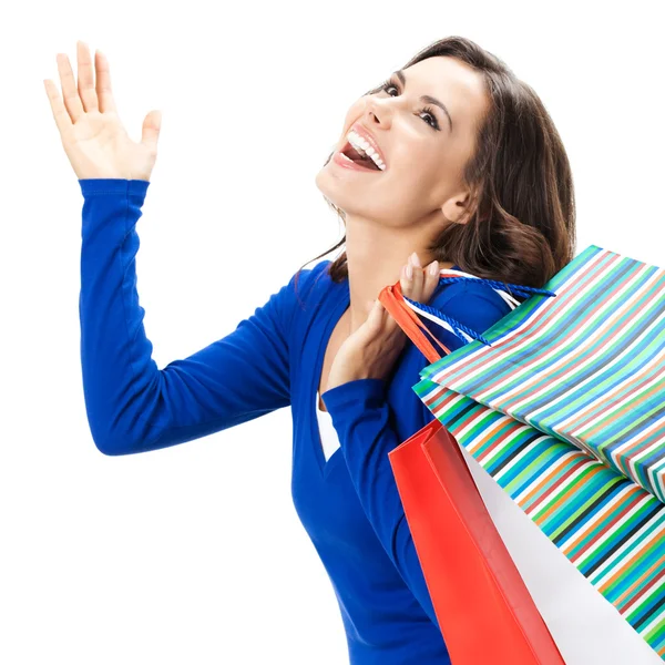 Mladá šťastná žena s nákupní tašky, izolované — Stock fotografie