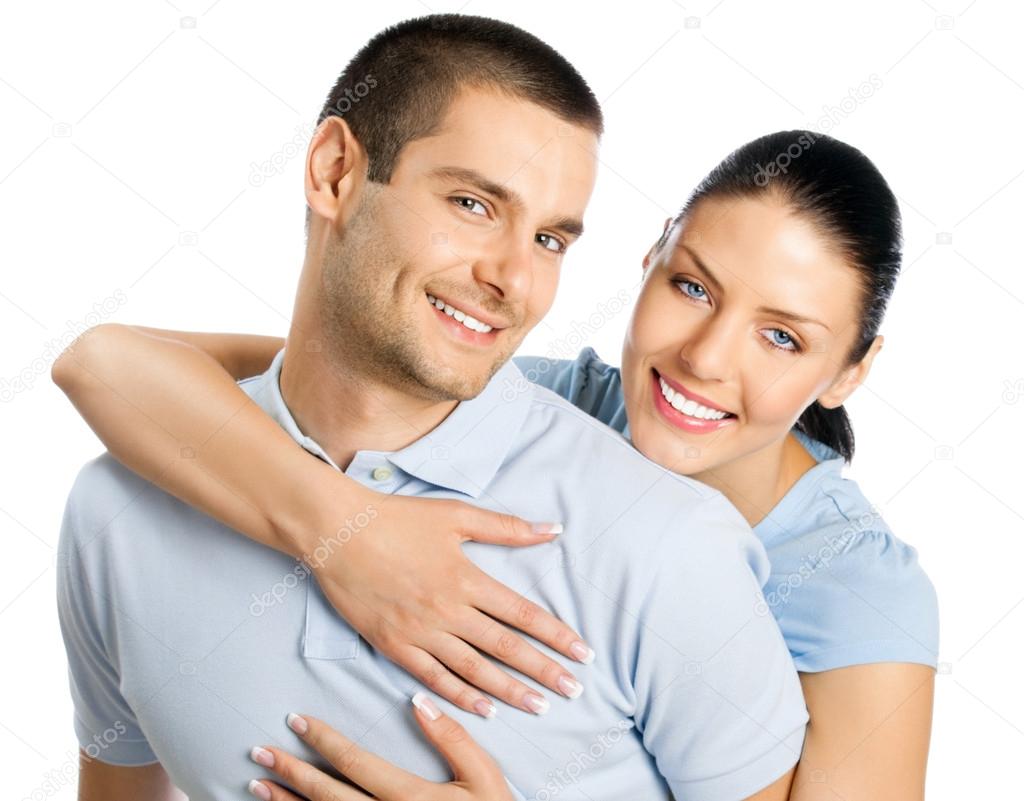 Young happy couple, on white