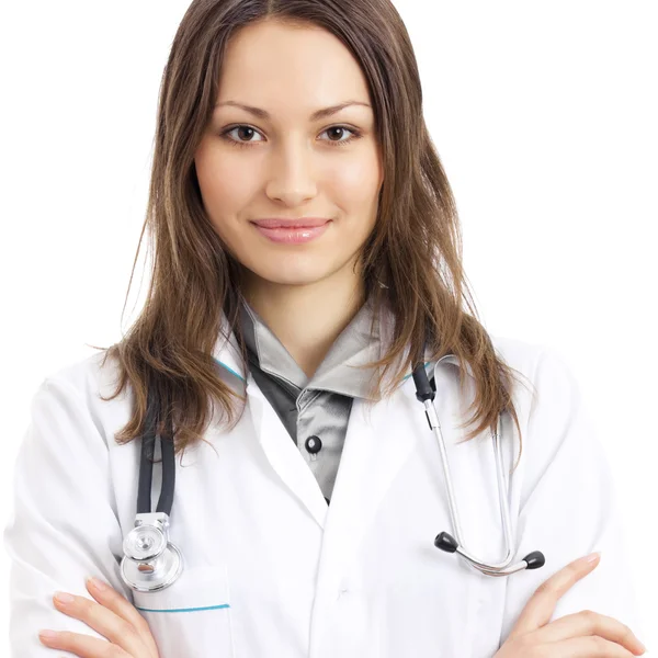 Felice sorridente medico femminile, sopra bianco — Foto Stock