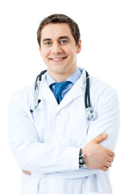 Beyaz arka plan üzerinde izole mutlu gülümseyen doktor portresi