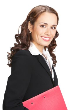 iş kadını ile izole kırmızı klasör