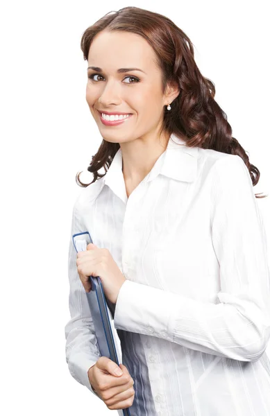 Empresária sorridente com pasta azul, em branco — Fotografia de Stock