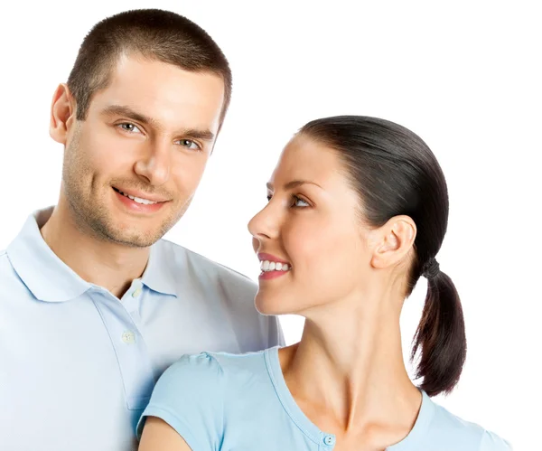 Retrato de jovem feliz sorrindo casal atraente, isolado em w — Fotografia de Stock