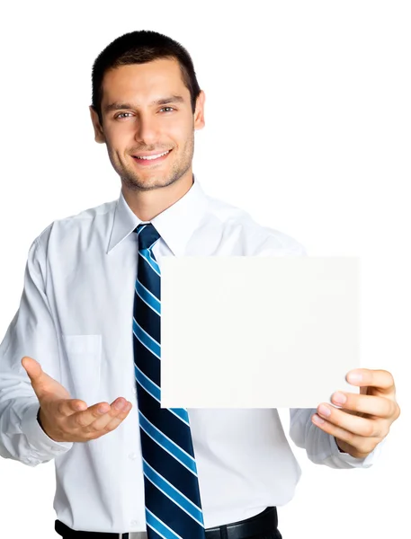 Щасливий бізнесмен, що показує вивіску, ізольований — стокове фото