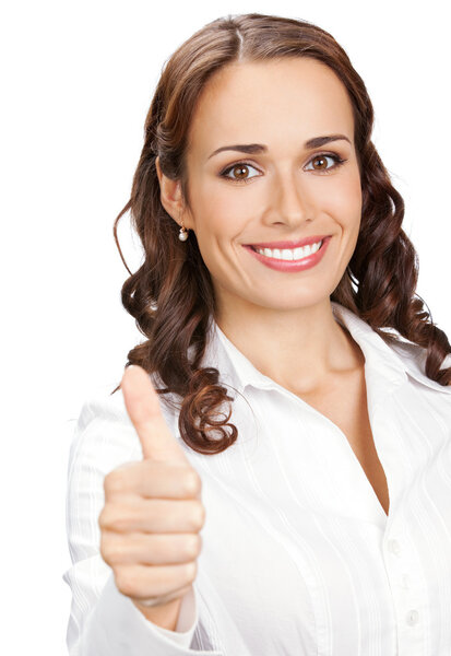 Woman with thumbs up gesture, over white