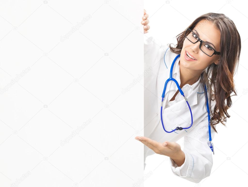 Doctor showing blank signboard, isolated