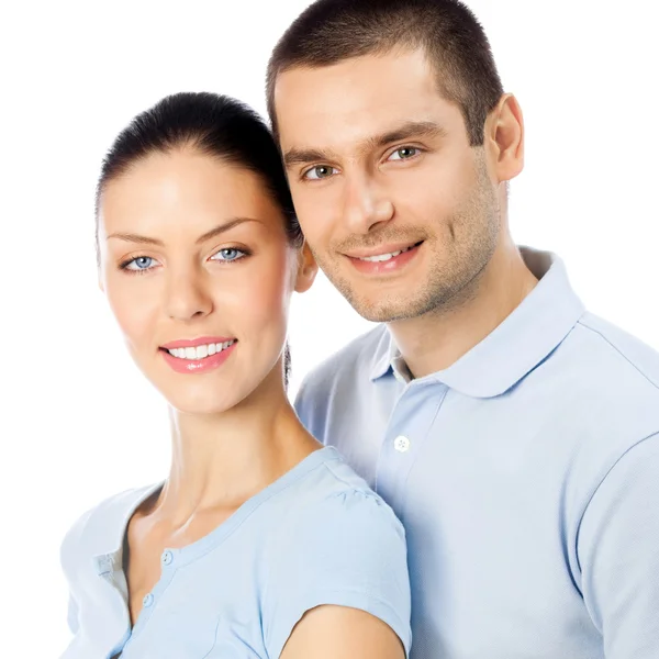 Young happy smiling couple, isolated — Stock Photo, Image