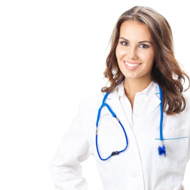 mutlu gülümseyen kadın doktor, beyaz üzerine