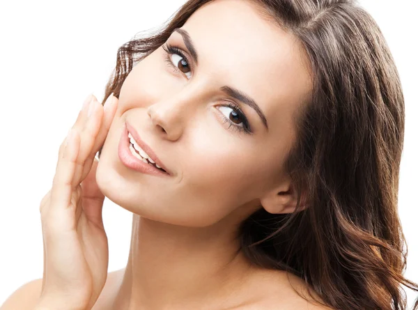 Woman touching skin or applying cream, isolated — Stock Photo, Image