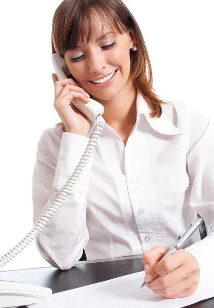Kobieta z telefonem, na białym tle — Zdjęcie stockowe