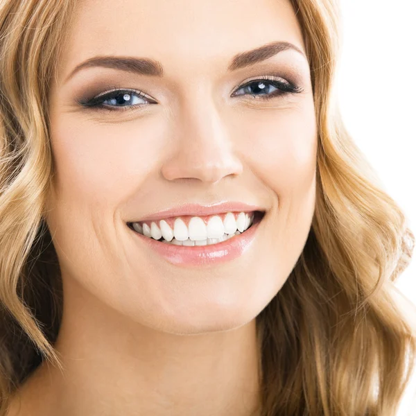 Happy smiling young woman, over white — Stock Photo, Image