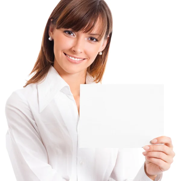 Businesswoman with blank signboard Stock Picture
