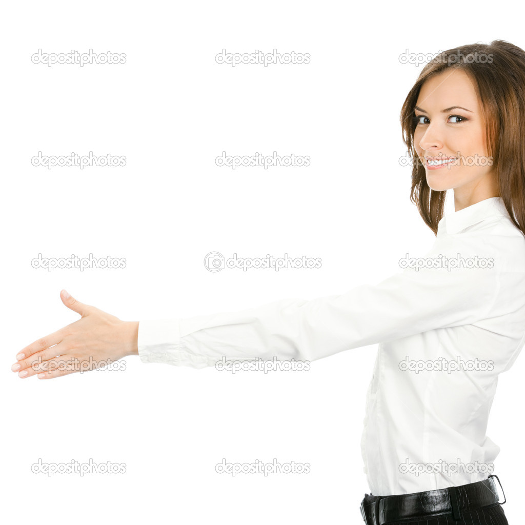Businesswoman giving hand for handshake, isolated