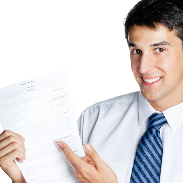 Бізнесмен, що показує документ або контракт, ізольований — стокове фото