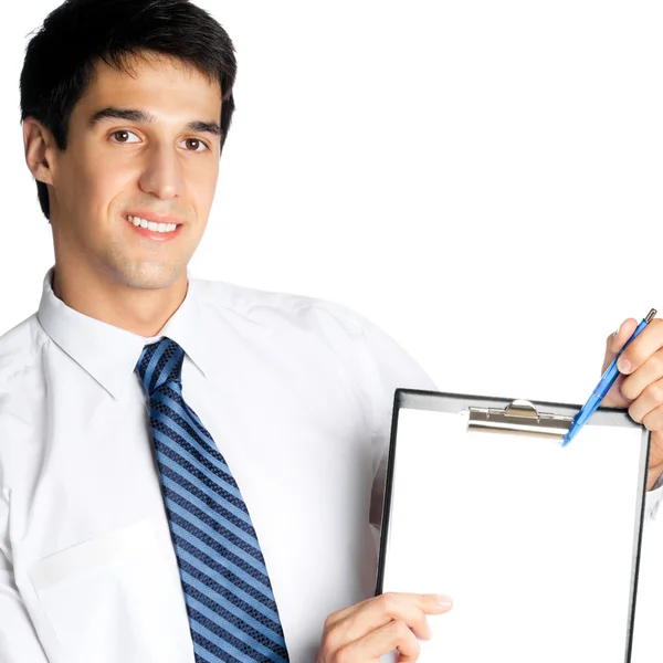 Empresario mostrando portapapeles en blanco, aislado — Foto de Stock