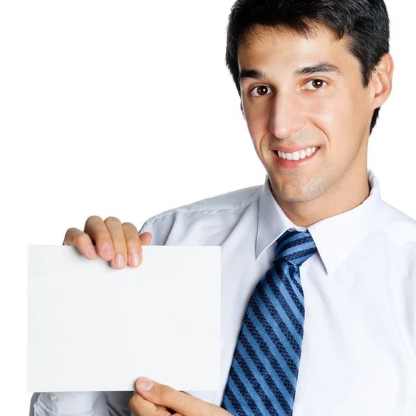 Empresário mostrando tabuleta em branco, isolado em branco — Fotografia de Stock
