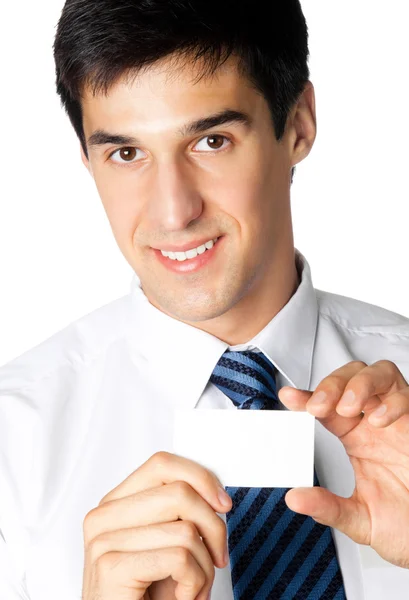 Retrato de hombre de negocios sonriente dando tarjeta de visita en blanco —  Fotos de Stock