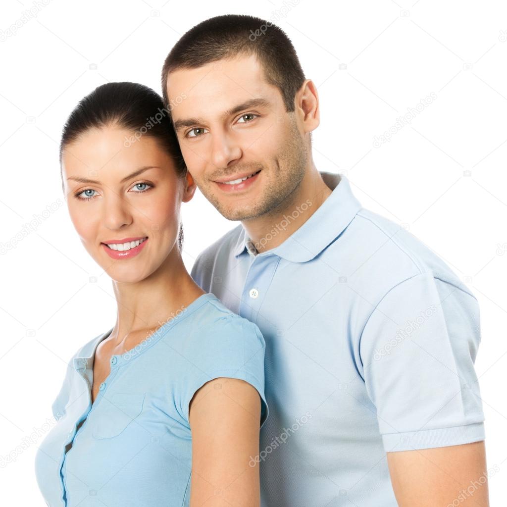 Portrait of young happy smiling attractive couple, isolated on w