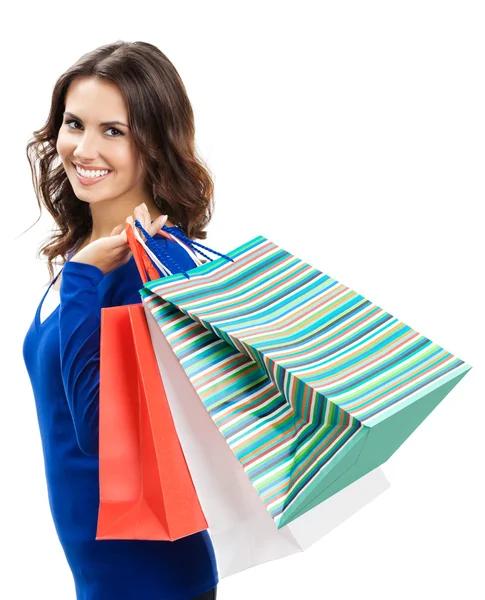 Giovane donna felice con borse della spesa, isolato — Foto Stock