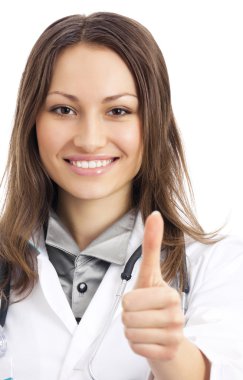 Doctor with thumbs up gesture, over white
