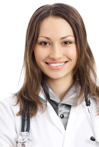 Joyeux sourire médecin femme, sur blanc Photo De Stock