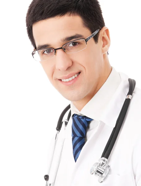 Feliz joven médico sonriente, sobre blanco — Foto de Stock