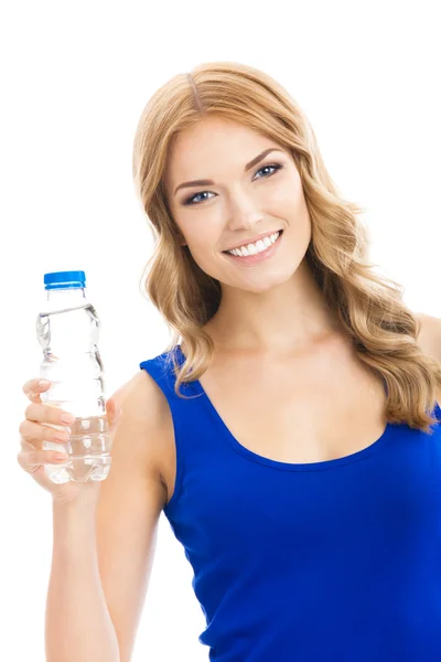 Vrouw met fles water, geïsoleerd — Stockfoto