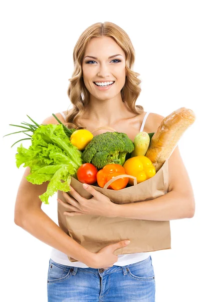 Donna con cibo vegetariano, su bianco — Foto Stock