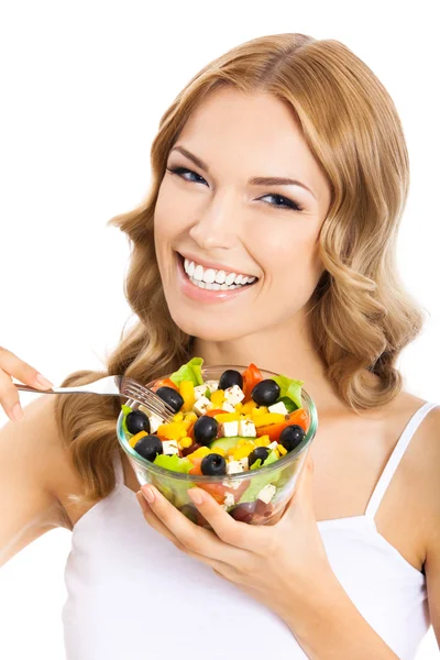 Mulher com salada vegetariana, sobre branco — Fotografia de Stock